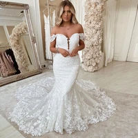 romantic lace mermaid wedding dress 2022 off shoulder illusion flower shape train low back white bridal gown custom made