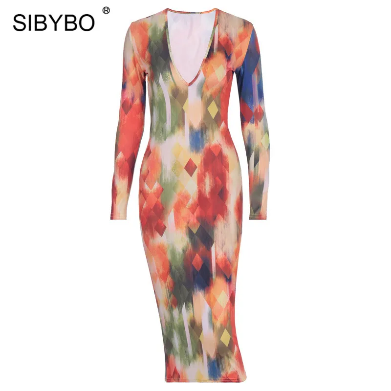 SIBYBO с принтом Tie Dye длинным рукавом сексуальное облегающее платье весна 2020 v