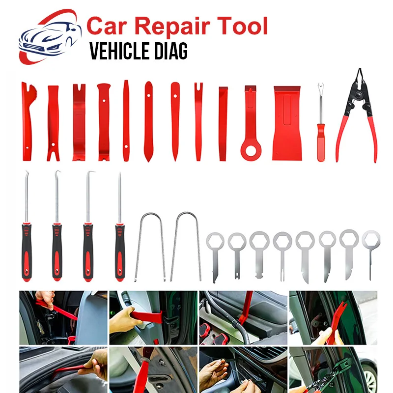 

19/28pcs Car Plastic Trim Removal Tool Disassembly Door Window Radio Dash Trim Panel Removal Tool Kits Red/Blue Car Repair Tool