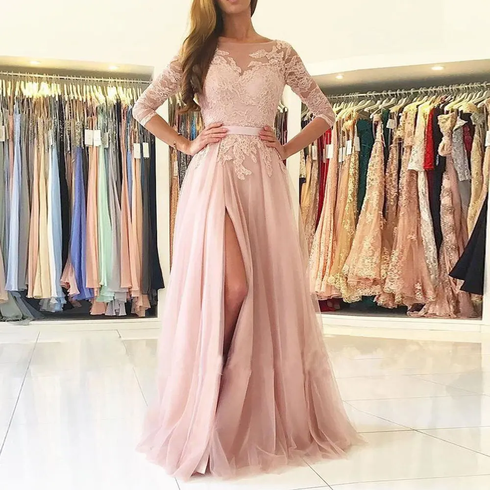 

Pink A-line Net/Tulle Jewel Sweep/Brush Applique Seven sleeves Button Open back Front/Side Slit Evening Dresses high quality