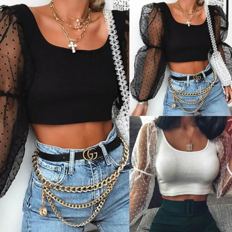 New Women Fashion Sheer Dot Puff Sleeve Cropped Slim Tee Tops Casual Long O Neck Mesh T-shirts Black White | Женская одежда