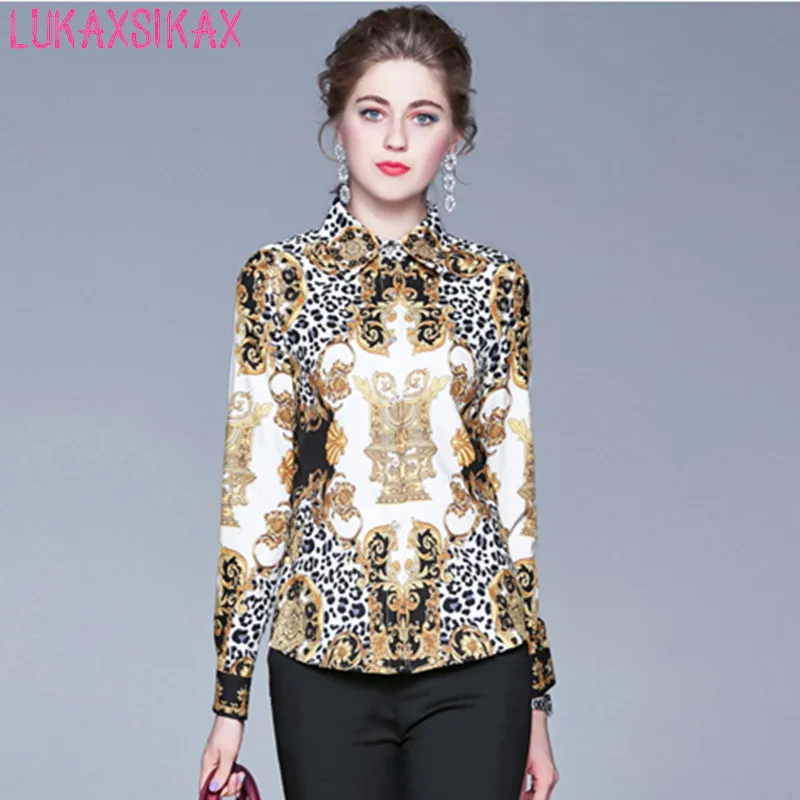 

LUKAXSIKAX 2020 New Spring Autumn Women Long Sleeve Shirt High Quality Retro Pattern Leopard Print Runway Shirt Women Tops