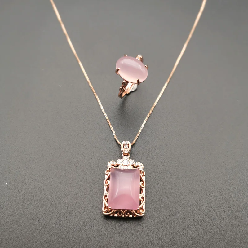 

Jadery Charm Rose Gold 925 Sterling Silver Jewelry Sets Natural Pink Chalcedony Jade Gemstone Ring/Necklace Party Fine Jewelry