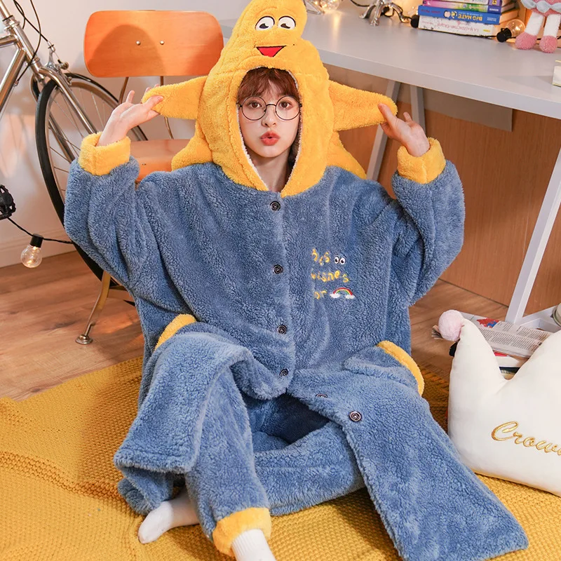 Plush Pajamas Cute Cartoon Hooded Woman Plus Size Nightgown and Home Service Suit for Autumn Winter Sleepwear Robe Schlafanzug