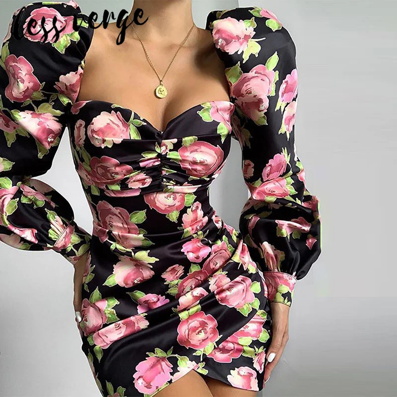 Женское атласное платье с пышными рукавами и цветочным принтом lessverge элегантное