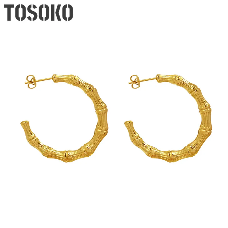 

TOSOKO Stainless Steel Jewelry C-Shaped Bamboo Carving Earrings Female Simple Retro Earrings BSF565