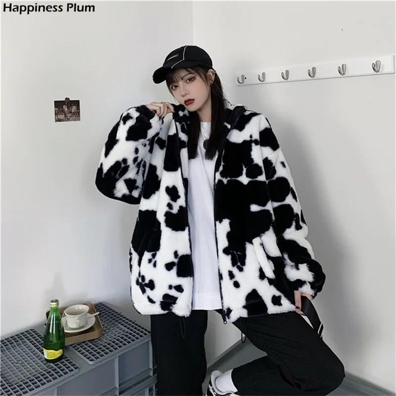 

Korean Winter New Fashion Coat Harajuku Cows Printing Loose Full Sleeve Leather Jacket Vintage Flannel Keep Warm Cotton Clothes