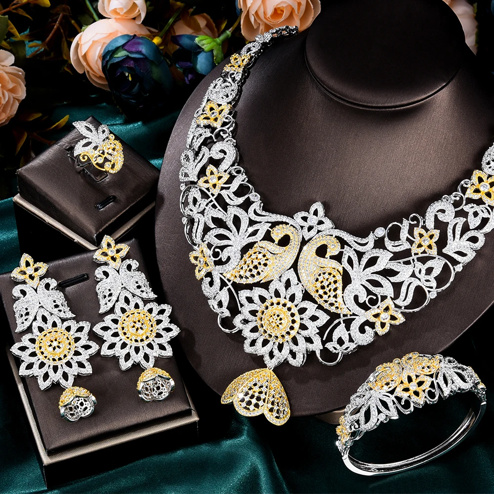 

Siscathyy Dubai Algeria Gold Color Luxury Zircon Wedding Jewelry Set For Women Necklace Earrings Bracelet Engagement Accessories