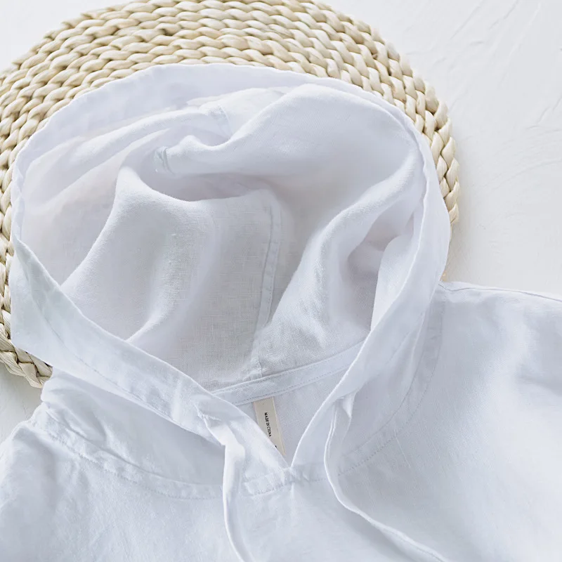 

long sleeve Men's t-shirts with hooded full linen hood summer casual t-shirt men black white Khaki black tops tees with pocket