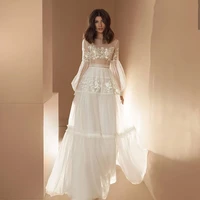 luxury o neck wedding dress boho pleats a line full sleeves lantern long sleeves sexy elegant bridal gowns floor length 2021