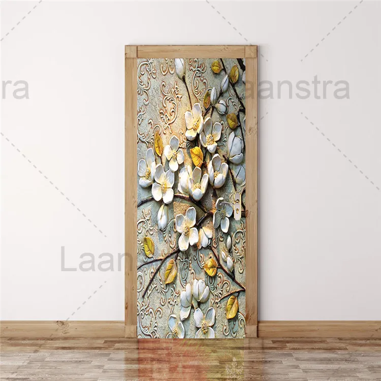 

Embossed Flower Texture Door Stickers Bedroom Decor Waterproof Door Decals Self-Adhesive Wall Decoration Two-Pieces Set 3D