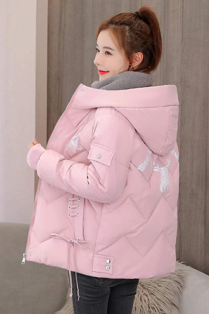 2021 New Winter Cotton Padded Bandage Letter Print Hooded Parka Women Short Jacket Korean Fashion Thickened Winter Warm Coat