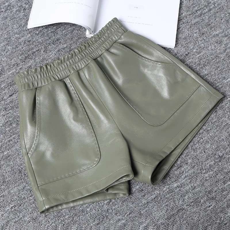 

WInter Women High Autumn Waist Sheepskin Shorts Streetwear A Line Elastic Waist Wide-legged Boots Shorts Genuine Leather Shorts