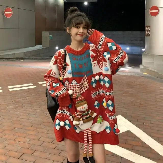 

Зима 2021 Новый Рождественский красный свитер женская верхняя одежда свободный трикотажный топ размера плюс ский женский свитер