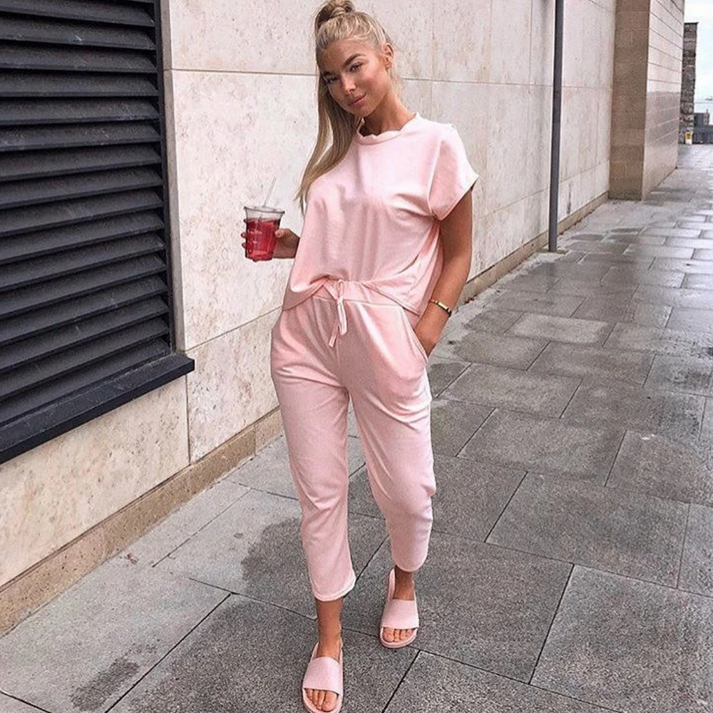 

Women Two Piece Outfits Summer Short Sleeve Round Neck Pullover Plus Size Solid Drawstring Casual Women 2 Piece Set Lugentolo