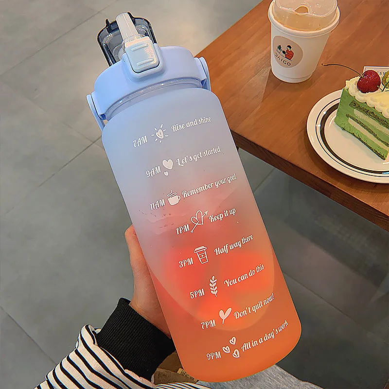 2 Liter Large Capacity Free Motivational With Time Marker Fitness Jugs Gradient Color Plastic Cups Outdoor Frosted Water Bottle | Дом и сад