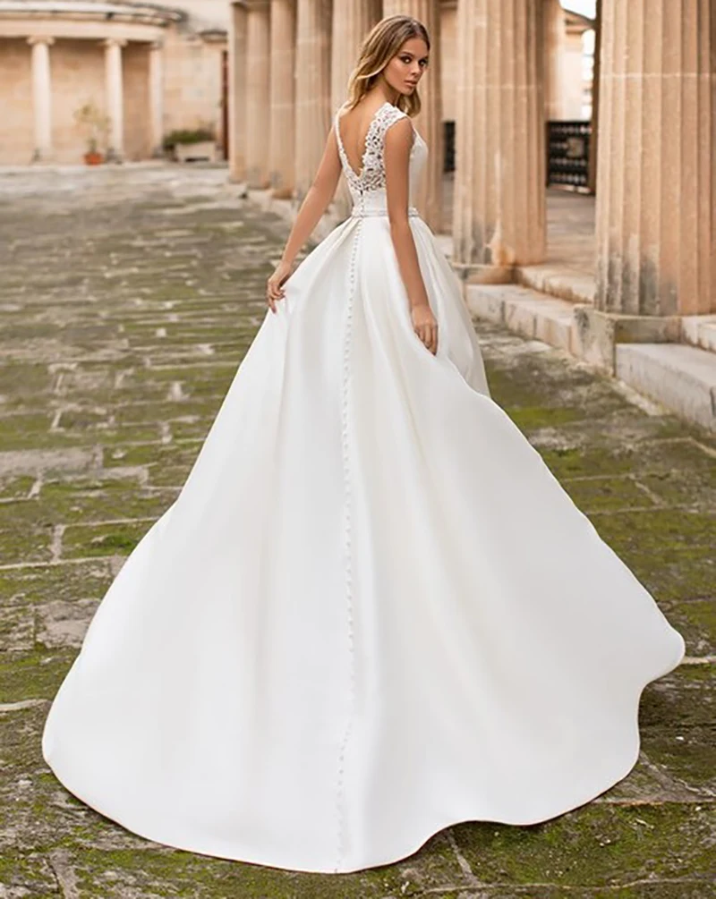 LORIE атласное свадебное платье с рукавами-крылышками Кружевная аппликация