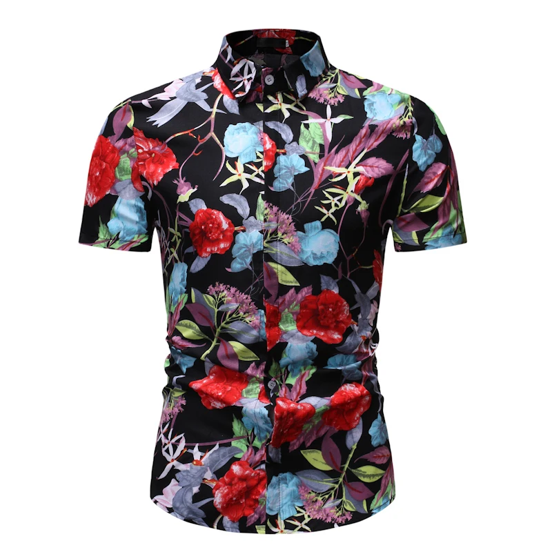 

2019Men's New Printed Short-Sleeved Shirt Plus-Size Fashionable Floral Shirt