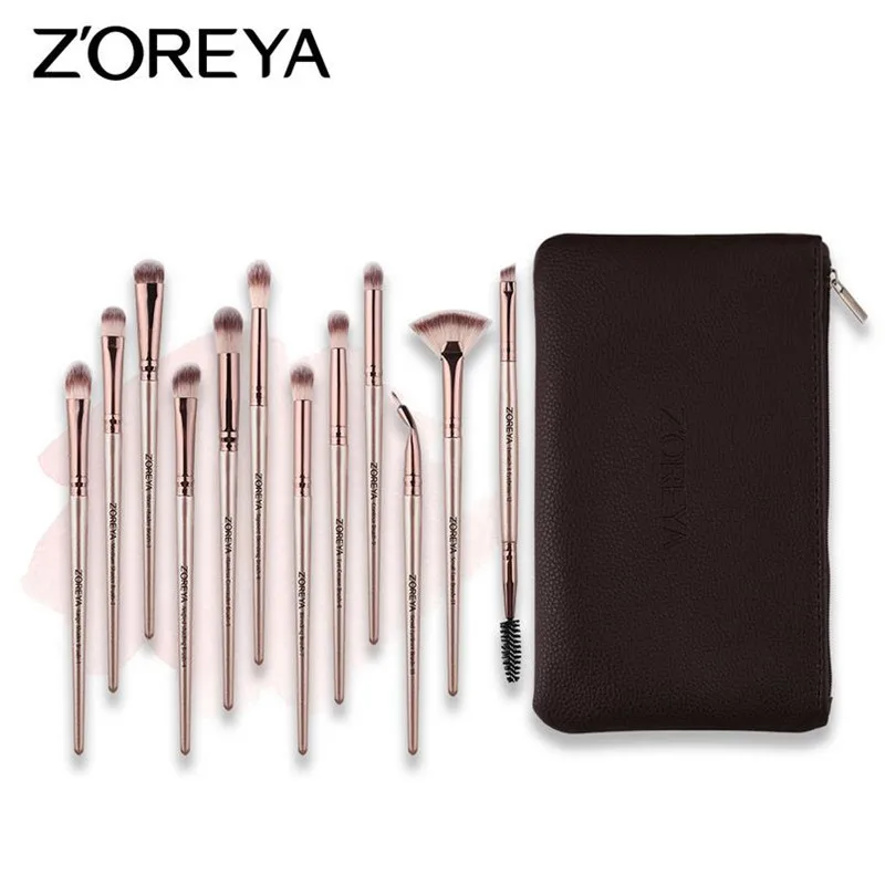 Champagne With Bag ZOREYA 12 шт. Профессиональный набор кистей для макияжа глаз с полиуретановой сумкой розовый Золотой Черный Розовый Кисть для макияжа косметический инструмент brochas maquillaje 15#831 - Handle Color: Champagne With Bag