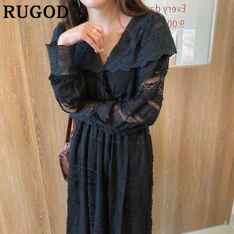 Женское длинное платье RUGOD элегантное кружевное с v образным вырезом и рукавами