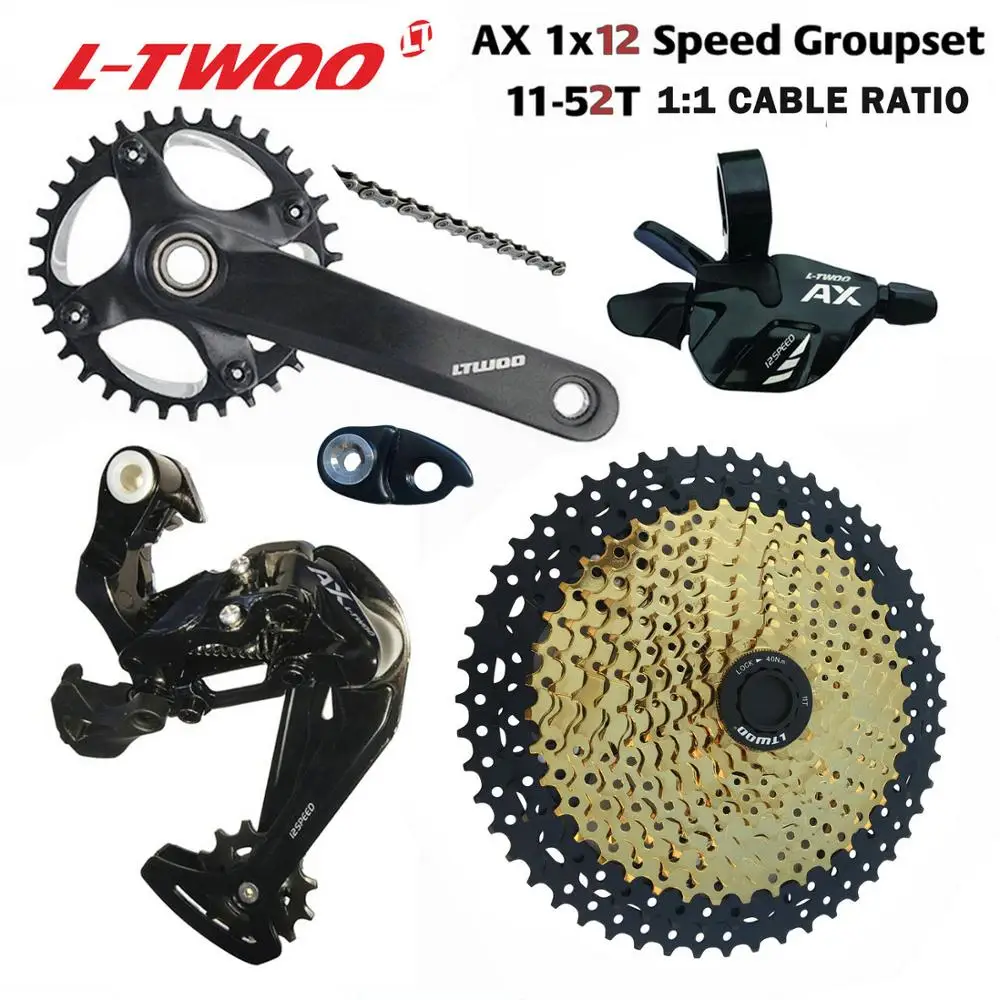 Группа компонентов LTWOO AX12: переключатель скоростей на 12 скоростей, задний переключатель, кассета на 11-50T и 52T, шатуны, цепь YBN SUMC на 11 скоростей, группа компонентов NX GX XX1 EAGLE на 12 скоростей.