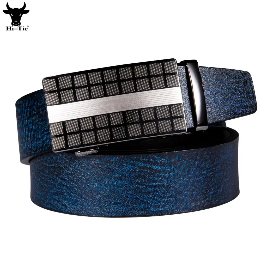 Hi-Tie Blue Navy Cowhide Leather Mens Belts Designer Automatic Buckles Ratchet Waist Belt for Men Dress Jeans Casual Formal Gift