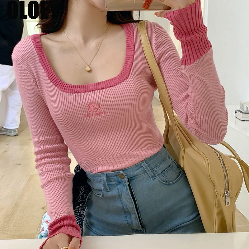 

Korean 2021 Winter Long Sleeve O Neck Women Sweaters Vintage Flower Embroidery Sueter Mujer Harajuku Hit Color Chic Jumper Femme