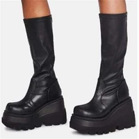 womenboots leather boots thick bottom large size round shape black winter high heels comfortable and waterproof side zipper