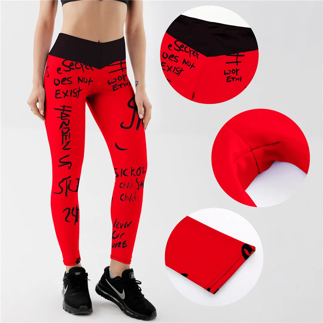 Qickitout High Waist Elastic Workout Leggings Women Slim Fitness Fashion Letter Print Leggings for Gym Sport Running Europe Size spanx leggings