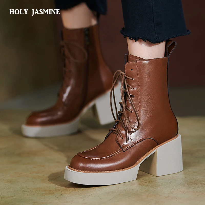 2022 New Neutral Leisure Fashion Women Ankle Boots Motorcycle Boots Genuine Leather Thick Heels Autumn Winter Casual Shoes Woman