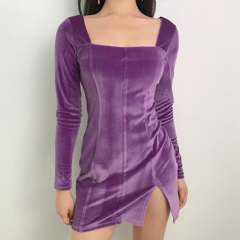 Rapwriter Vintage Solid Velvet Dress Women 2020 Stretch Bodycon Elegant Side Split Dresses Long Sleeve Party Clothes Femme | Женская