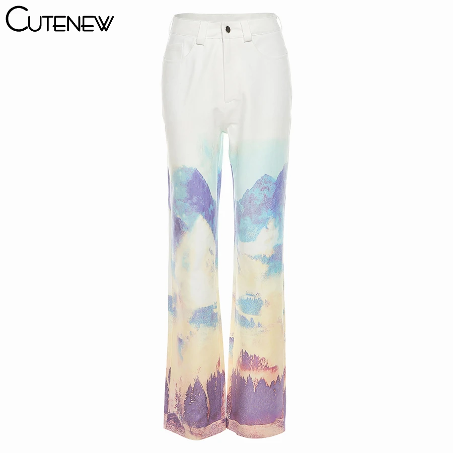 

Cutenew Fashion Chinese Style Print Zipper Straight Pants Women's 2021 Spring New Middle Waist Casual Street Loose Long Trousers
