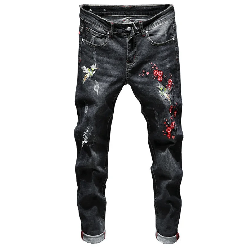 Мужские джинсы с цветочной вышивкой и птицами мужские повседневные