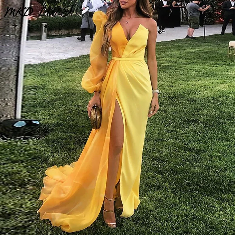 Разноцветное Сетчатое платье с пышными рукавами и высоким разрезом женское