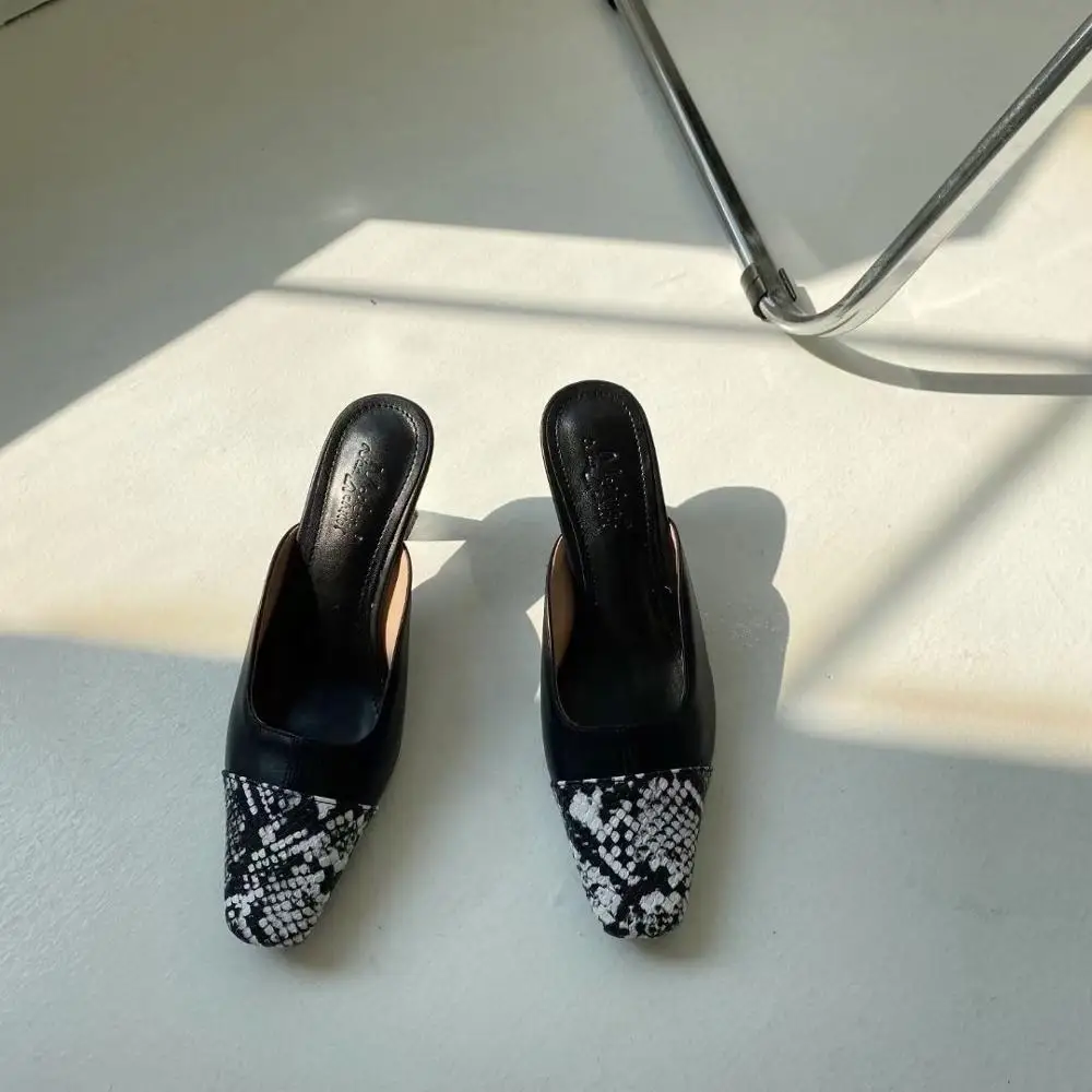 

Fashion Women Slides Slippers Snake Printed Square Toe Slippers Mules Shoes Woman Thin High Heels Summer Shoes Woman Size 35-39