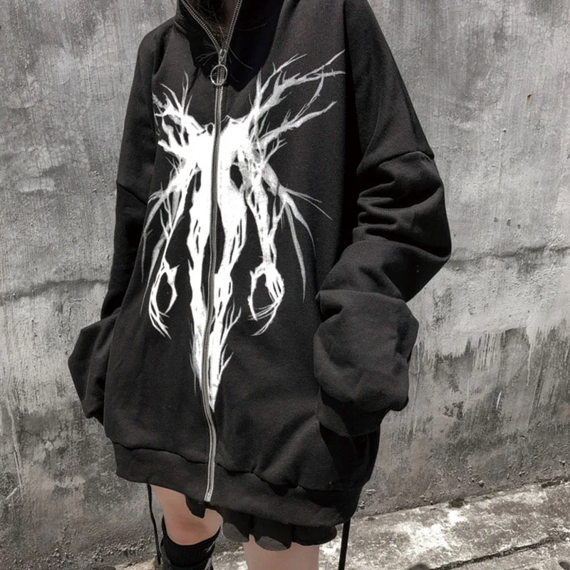 

Oversized Zip Up Hoodie Women Unisex Punk Black Long Sleeve Sweatshirt Pockets Poleron Gothic Fashion Harajuku Printed Clorhes