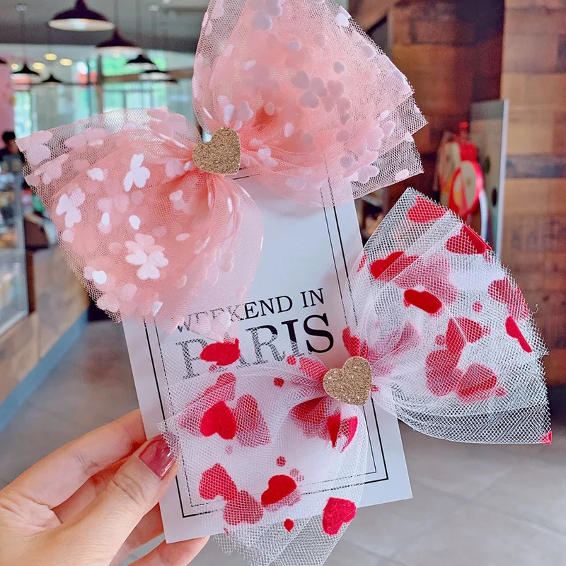 9 шт./компл. милые розовые сердца для девочек сетчатые банты волос Цветочные