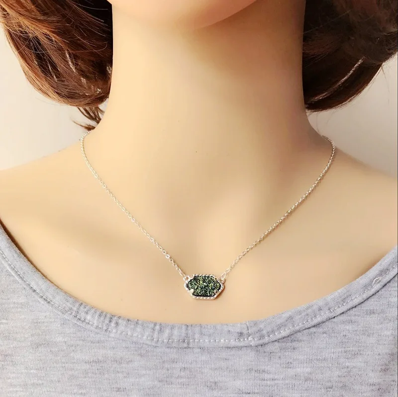 S green 20 опций Druzy Кулон из друзы ожерелье Шестигранная Смола Druse Серебро Золото Цвет цепи воротник модный бренд ювелирные изделия для женщин девушка подарок - Окраска металла: S green