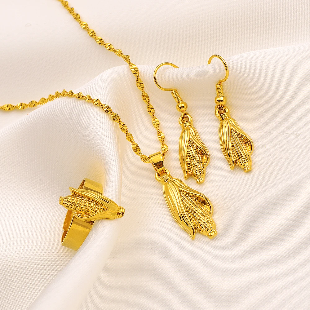 

New Fashion Retro Corn Pendant Necklace Earrings Gold Color Charm Jewelry Sets African Arab Jewelry Gifts