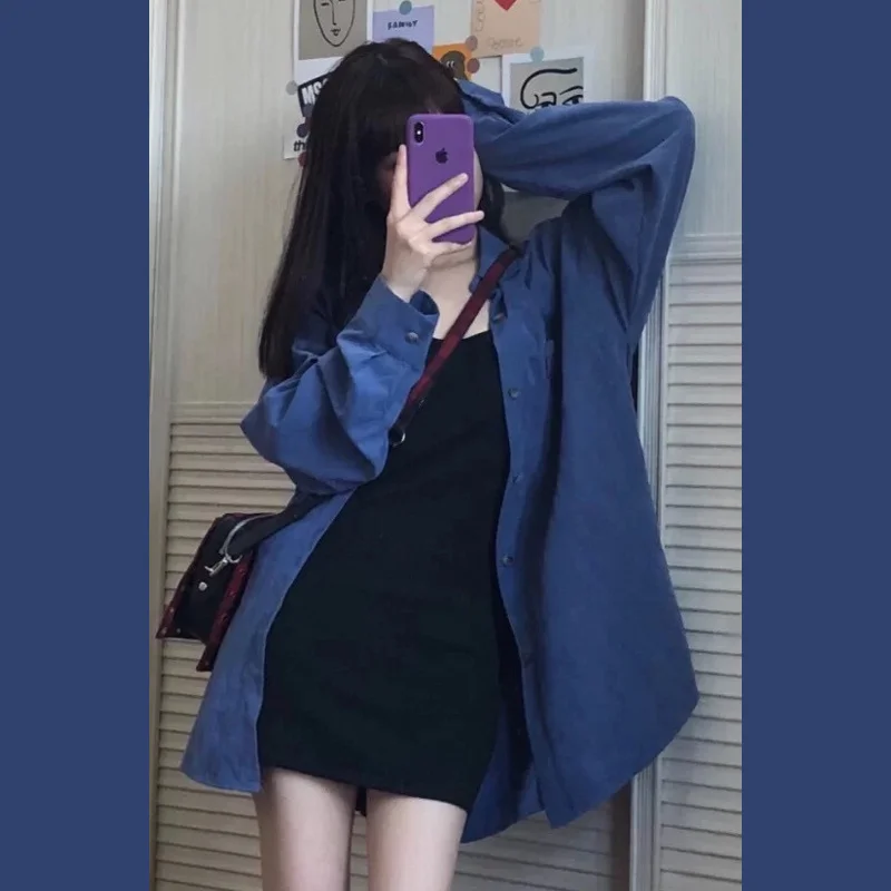 

Blue Shirt Coat Women's Clothing Early Autumn Chic Design Sense Shirt Retro Style Loose Long Sleeve Top Clothes