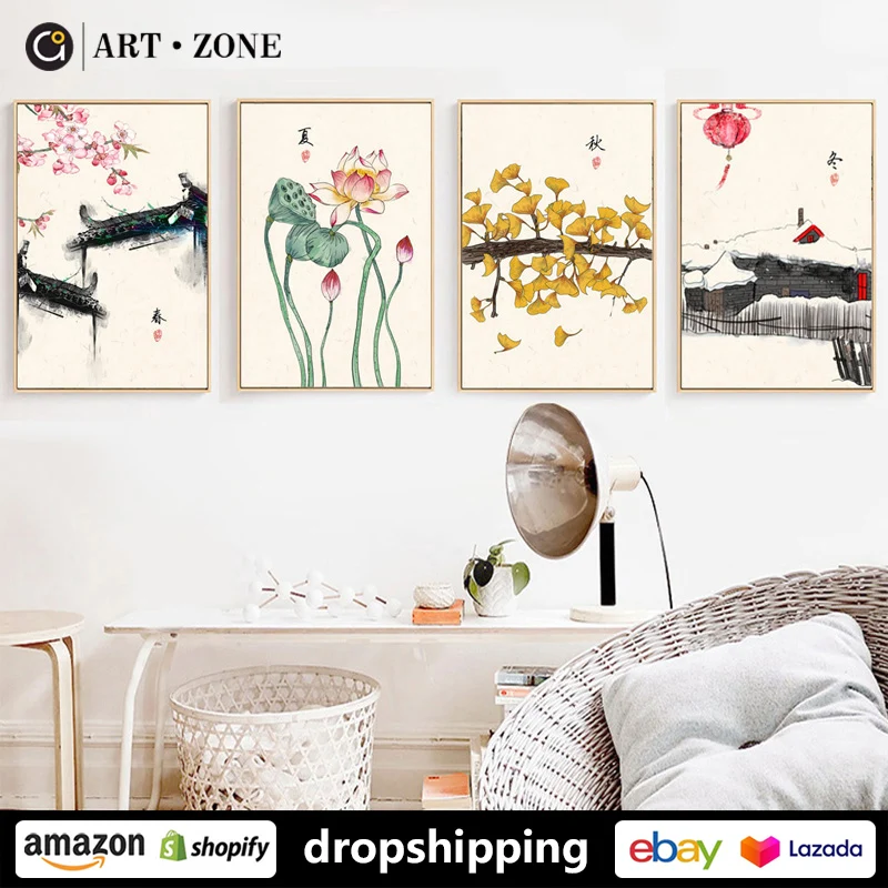 Художественная зона китайские сезоны пейзаж растение Цветочные Чернила принты