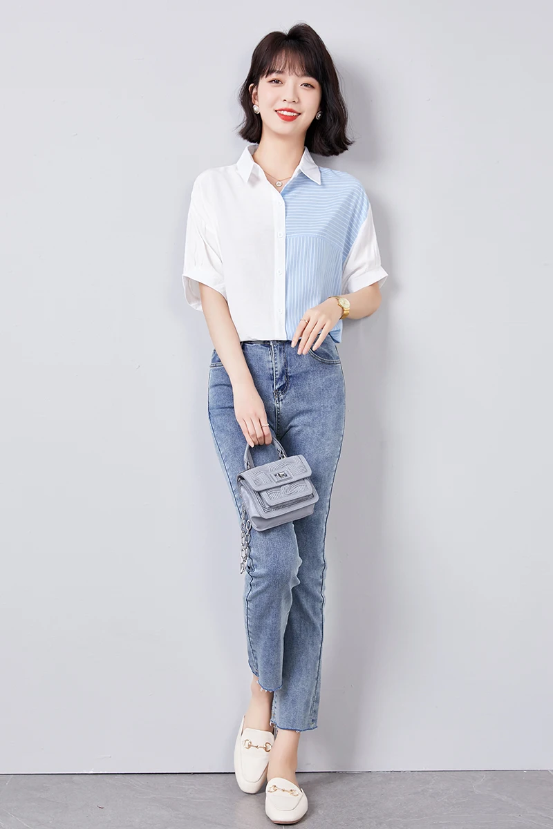 

Houthion Chiffon Slim Women's Blouses Stripe Splicing Buttons Polo Shirt Summer New Casual Blouse Fashion Short Sleeve Top