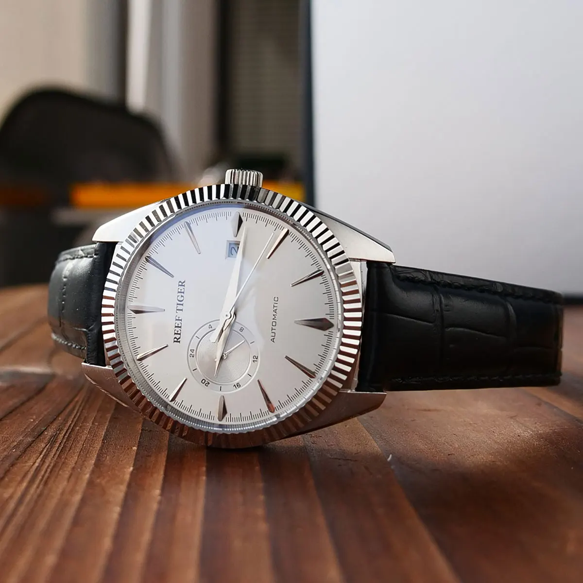 Риф Тигр/RT Роскошные нарядные часы для мужчин Стальной коричневый кожаный