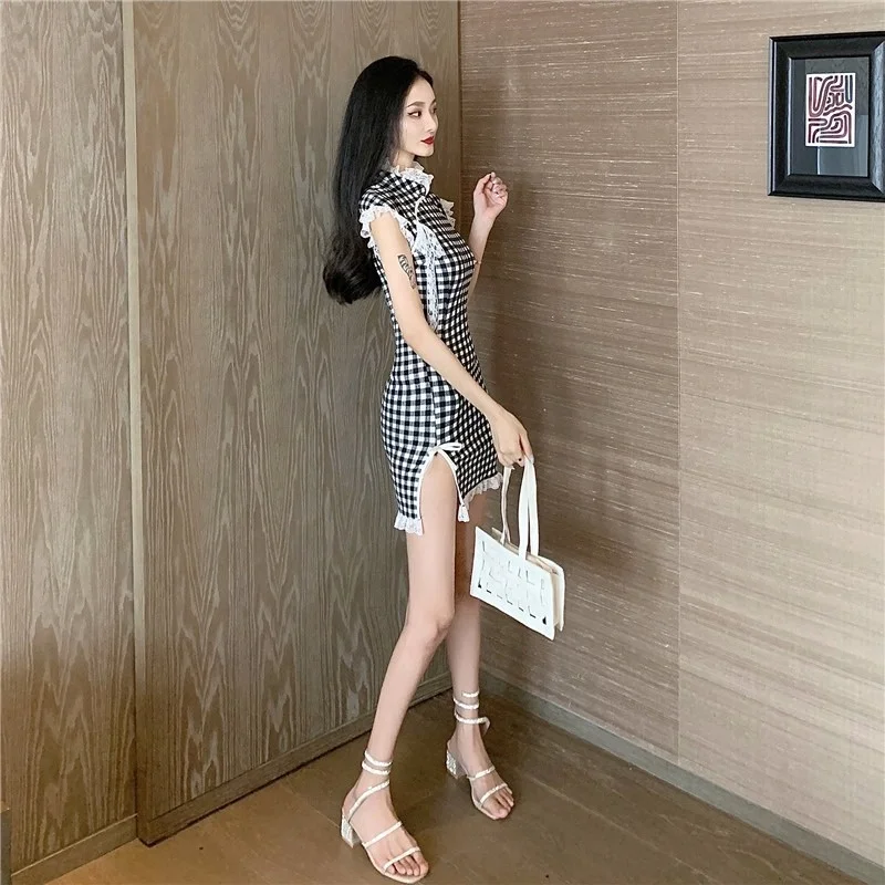 

Daily Cheongsam Women's 2021 New Retro Chinese Style Young Lace Slit Fashionable Plaid Dress