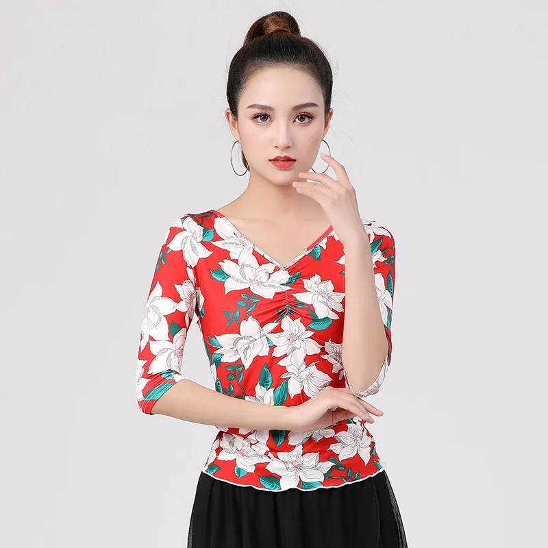 

Топы для латиноамериканских танцев, женский летний топ с V-образным вырезом и рукавом средней длины для профессиональных соревнований, танцевальная одежда, одежда для тренировок