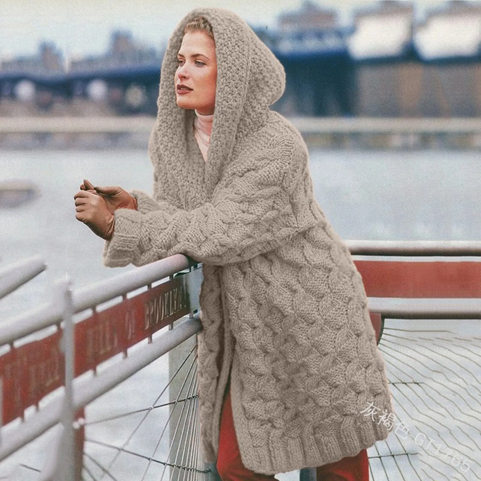 

New Autumn Winter Warm Ladies Fashion Casual Temperament Solid Color Cardigan Twist-woven Thick All-match Hooded Sweater Coat
