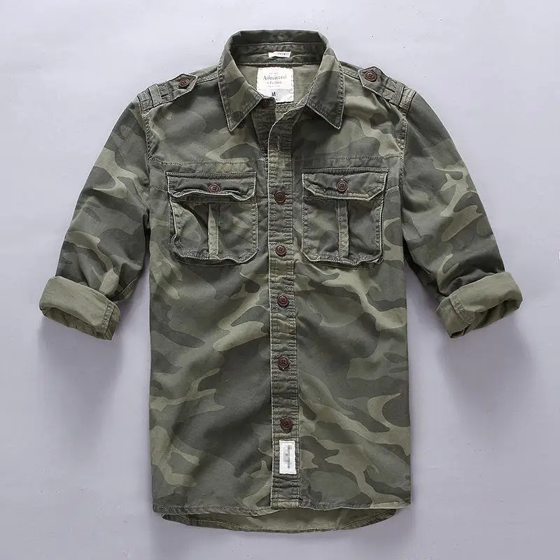 Army Tactical Camouflage Cotton Cargo Men's Shirt  Mens Long Sleeve Print  Safari Style, military shirt coat
