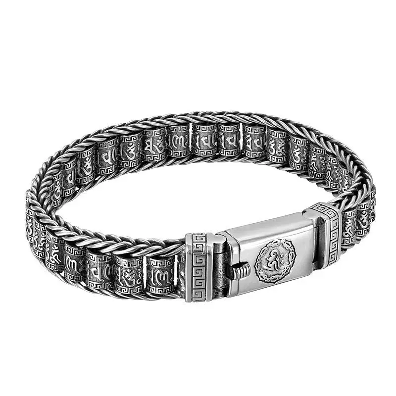 

Handmade Creative Passepartout Prayer Wheel Bracelet Men's Sterling Silver Female Transfer Beads Six-Character Mantra Retro