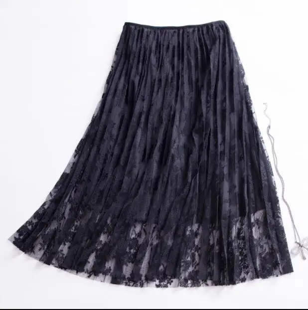 High Waist Lace Skirts Casual Embroidered A-line Pleated Skirt Female Winter Faldas Lining Spring Autumn Mid-Calf Women
