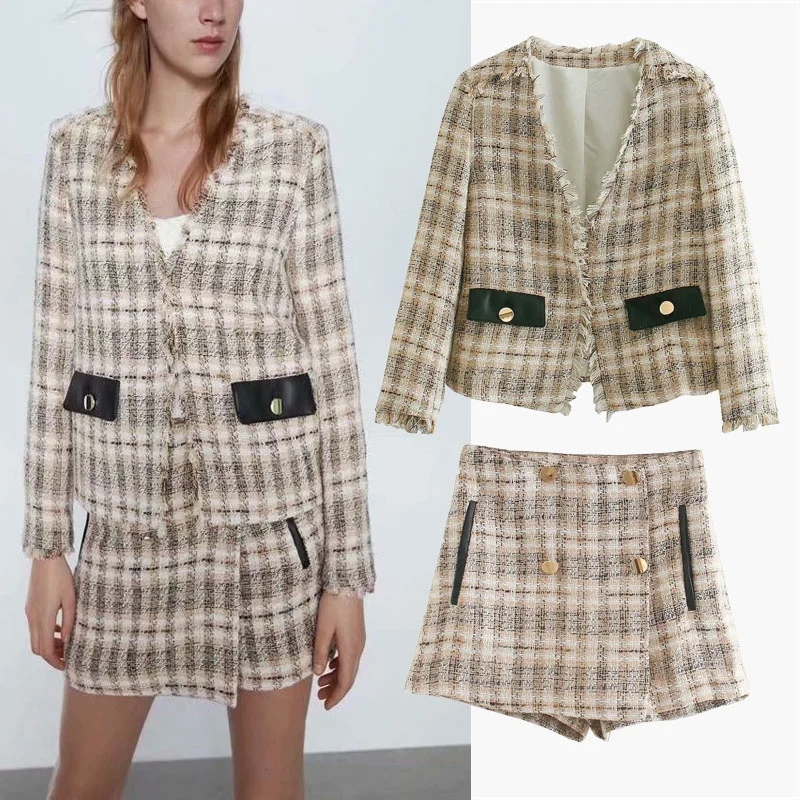 

2021 Za Textured Plaid Woman Blazer Autumn Fashion V-neck Long Sleeve Frayed Trim Blazers Vintage High Waist Button Shorts Women